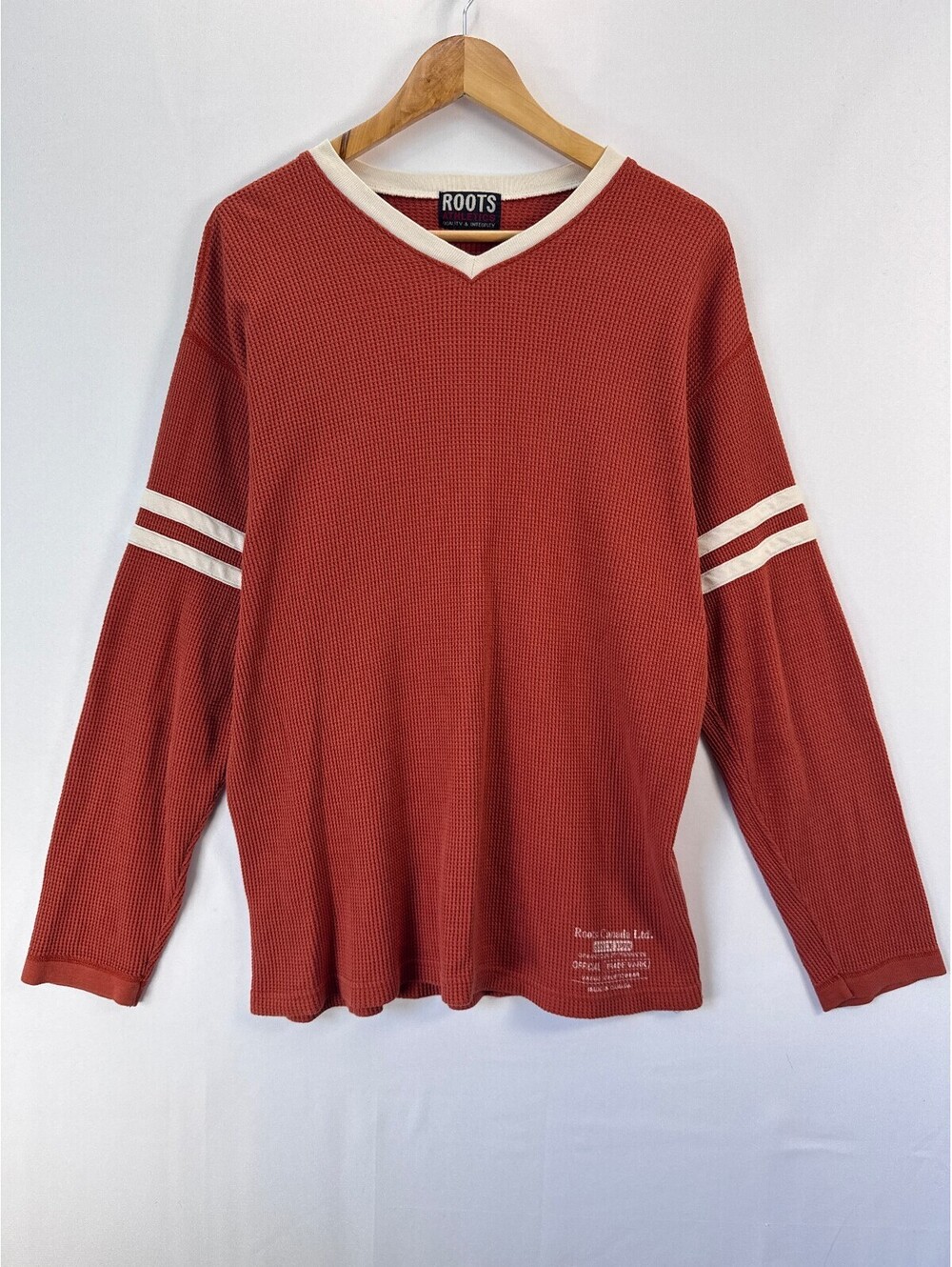 Roots Athletics Waffle Knit Thermal Shirt Red Varsity Stripe V Neck Made Canada